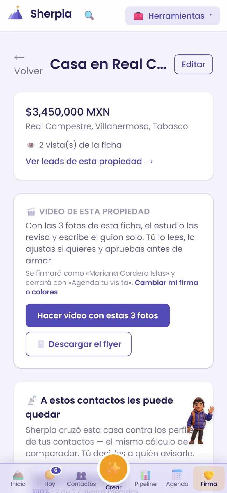 La propiedad en Sherpia: precio, ubicación, vistas de la ficha y el botón «Hacer video con estas 3 fotos».