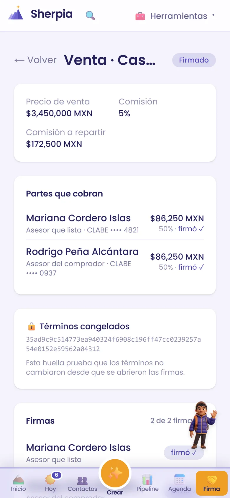 Un acuerdo de comisión firmado por las dos partes, con los términos congelados y su huella.